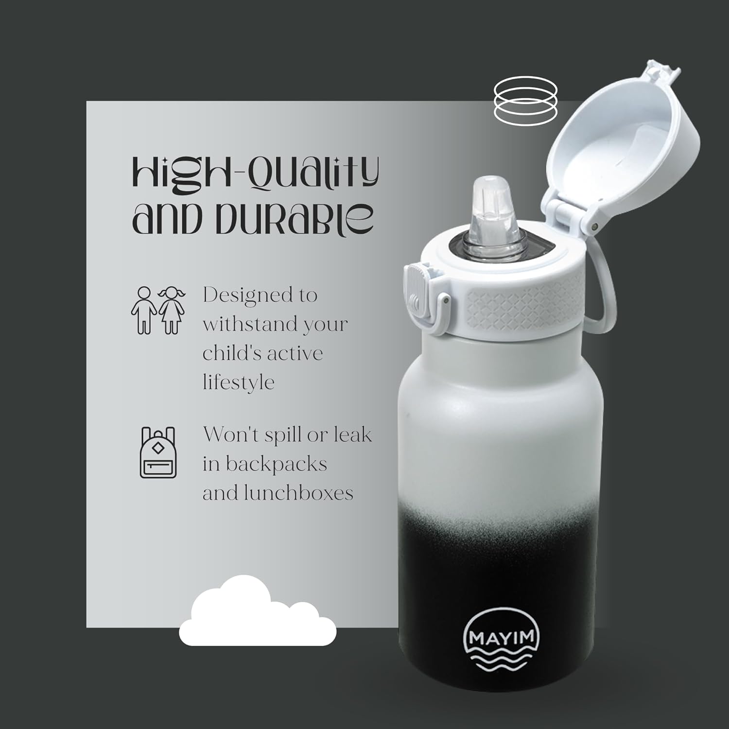Botella de agua de acero inoxidable a prueba de fugas para niños con tapa abatible y boquilla de bloqueo, 12 onzas, blanco y negro