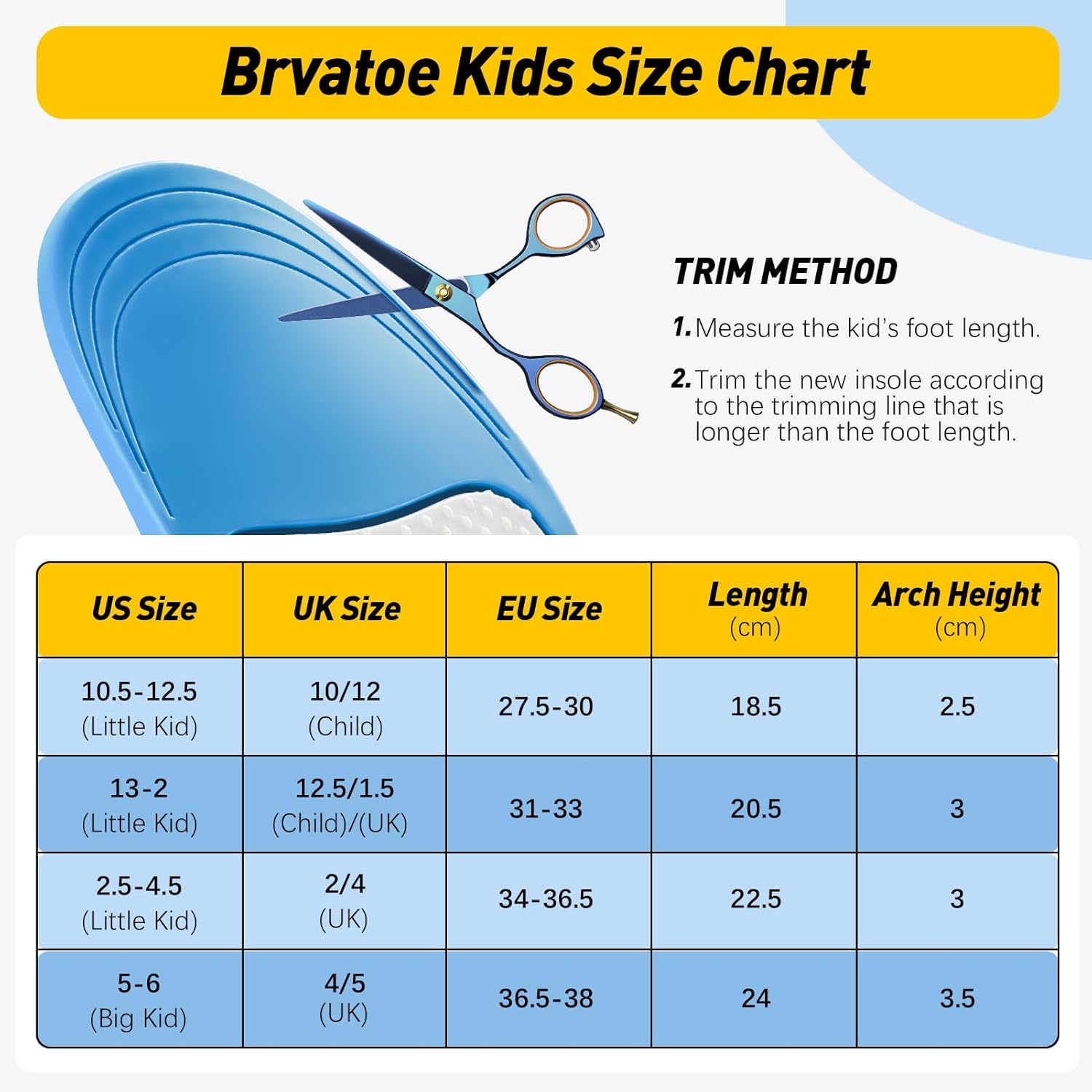 Brvatoe Plantillas ortopédicas para zapatos con soporte de arco para niños, insertos para pies planos, fascitis plantar, almohadillas atléticas,