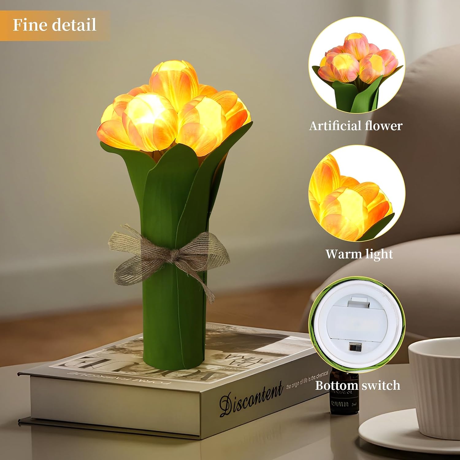 Lámpara de mesa de tulipán, lámpara de mesa LED con pilas, pequeñas luces de noche, lámpara de noche para dormitorio, decoración del hogar, boda,