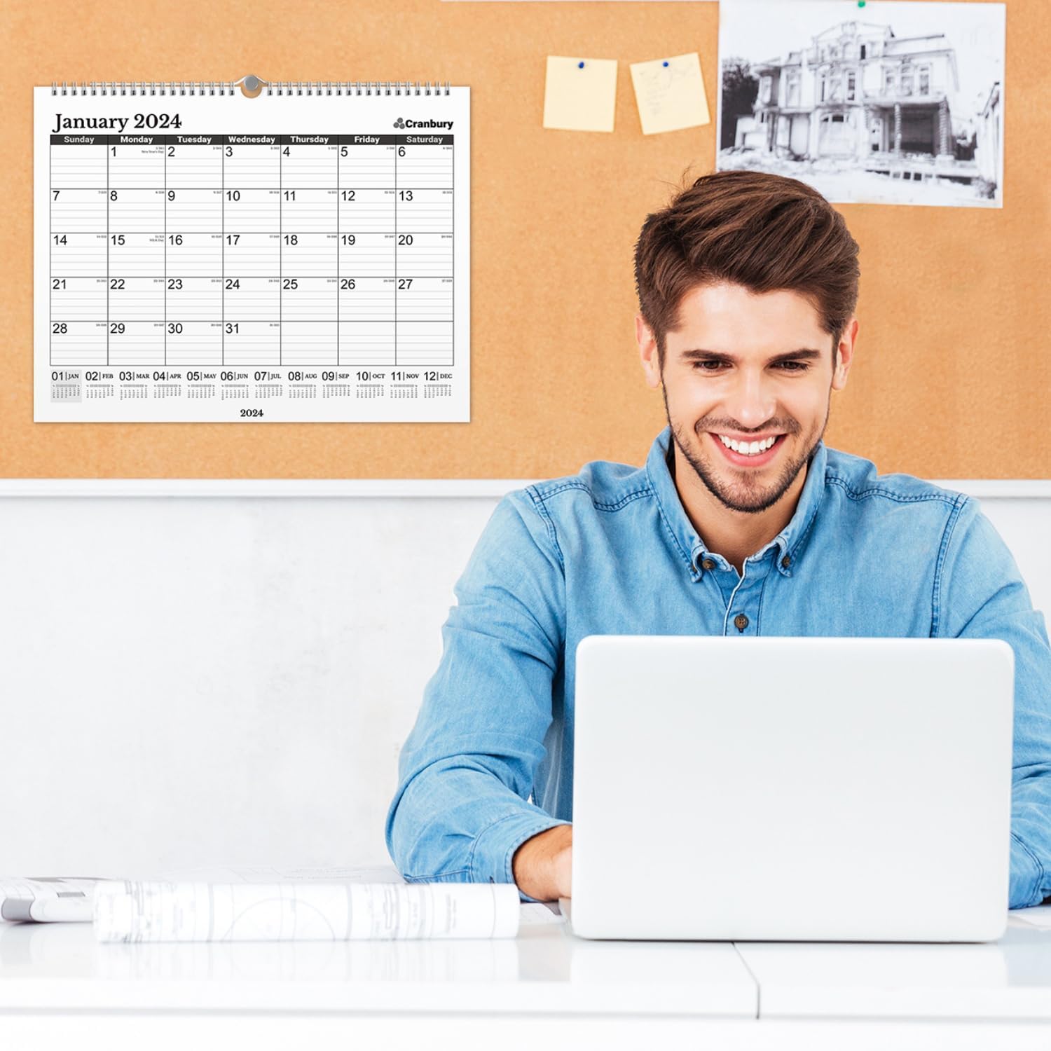 CRANBURY Calendario de pared grande 2024 (negro), 12 x 15 pulgadas, calendario de oficina, uso como calendario colgante 2024 de 12 x 15 pulgadas o