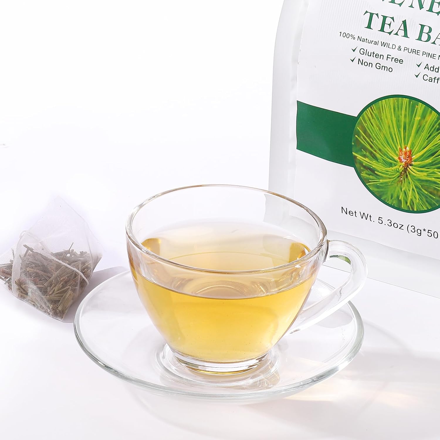 Bolsas de té orgánicas de aguja de pino  5.3 onzas (0.11 oz x 50 bolsas)  Té de hierbas 100% natural de aguja de pino salvaje y puro, sin gluten,