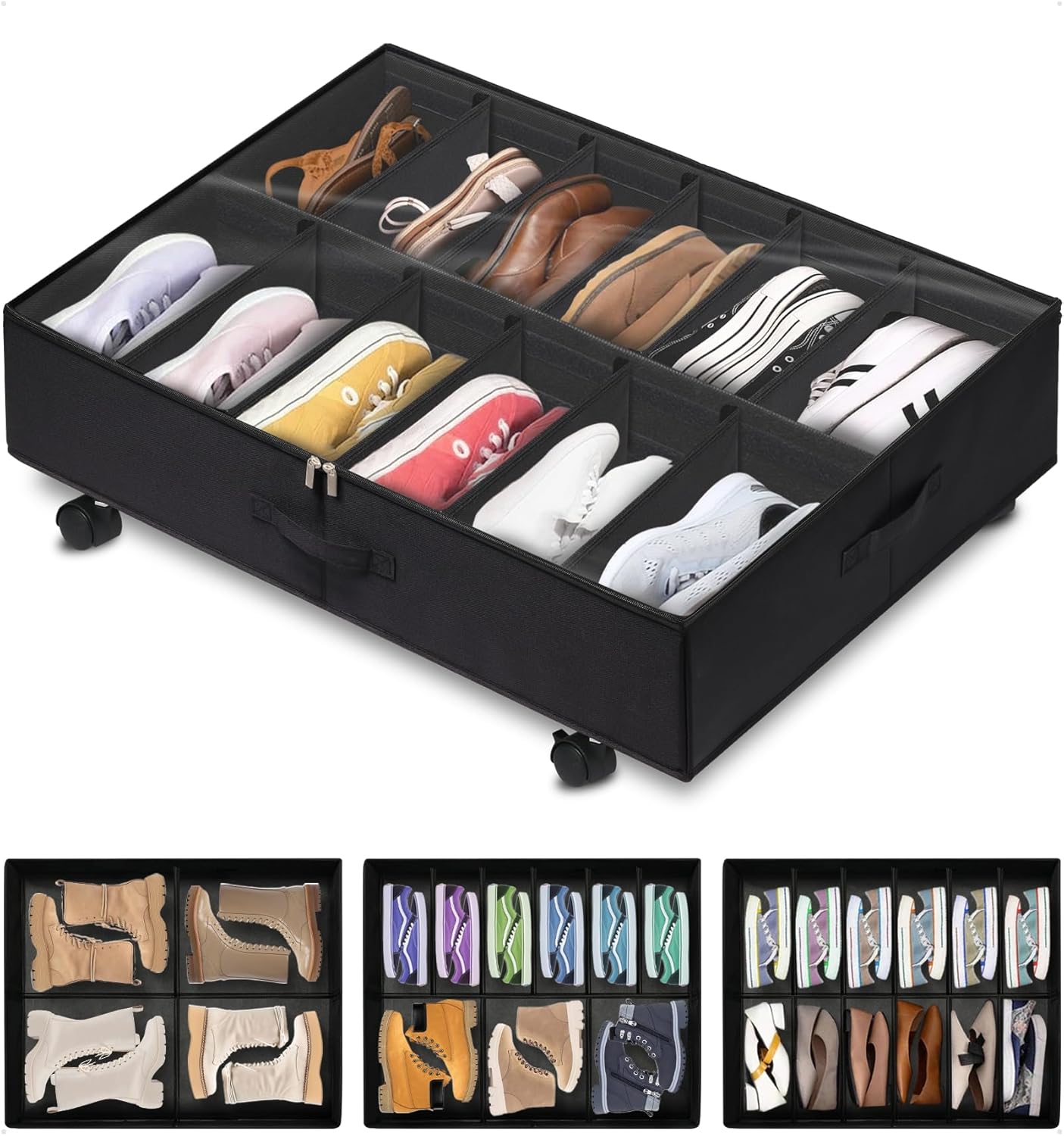 punemi Organizador de almacenamiento de zapatos debajo de la cama con ruedas y divisores ajustables, contenedores de solución de almacenamiento de