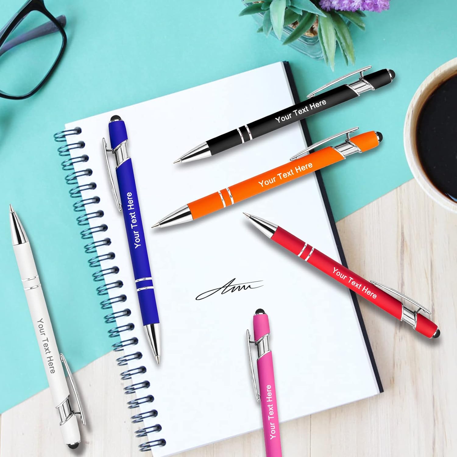 Hapelf Hasta 500 bolígrafos personalizados a granel, bolígrafo grabado personalizado con punta de lápiz capacitivo, carcasa multicolor retráctil,
