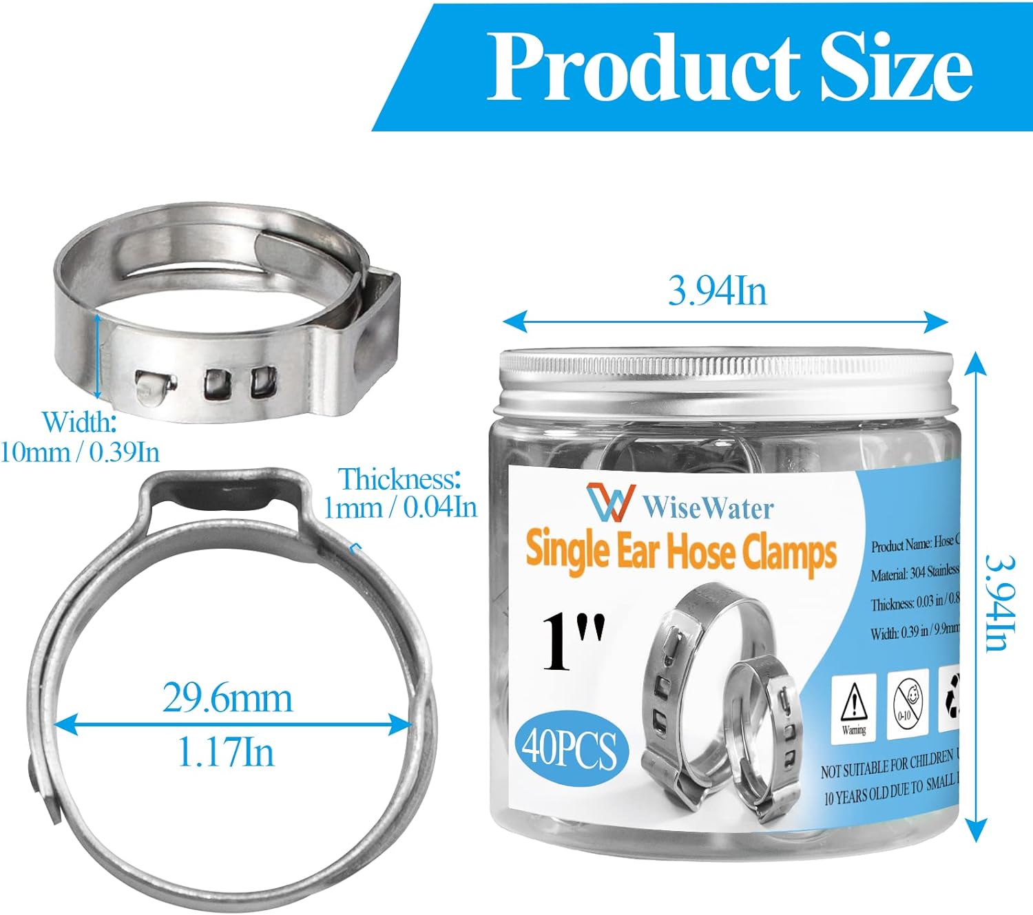 WiseWater 40 abrazaderas de manguera de una sola oreja de 1 pulgada, 1.028-1.165in de acero inoxidable 304 PEX para conexión de tuberías, anillos de