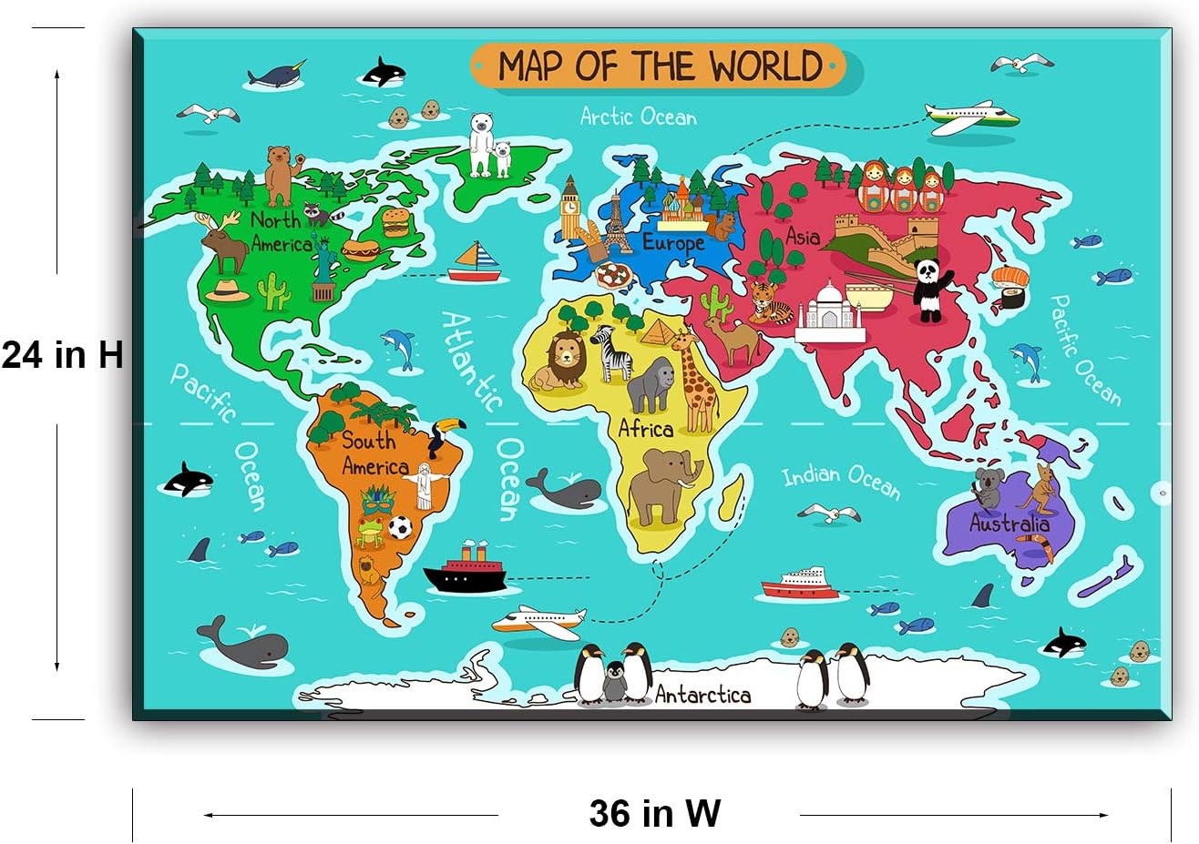 Mapa del mundo – Lienzo decorativo para pared para habitación de los niños, animales típicos en el mapa del continente, impresiones en lienzo para