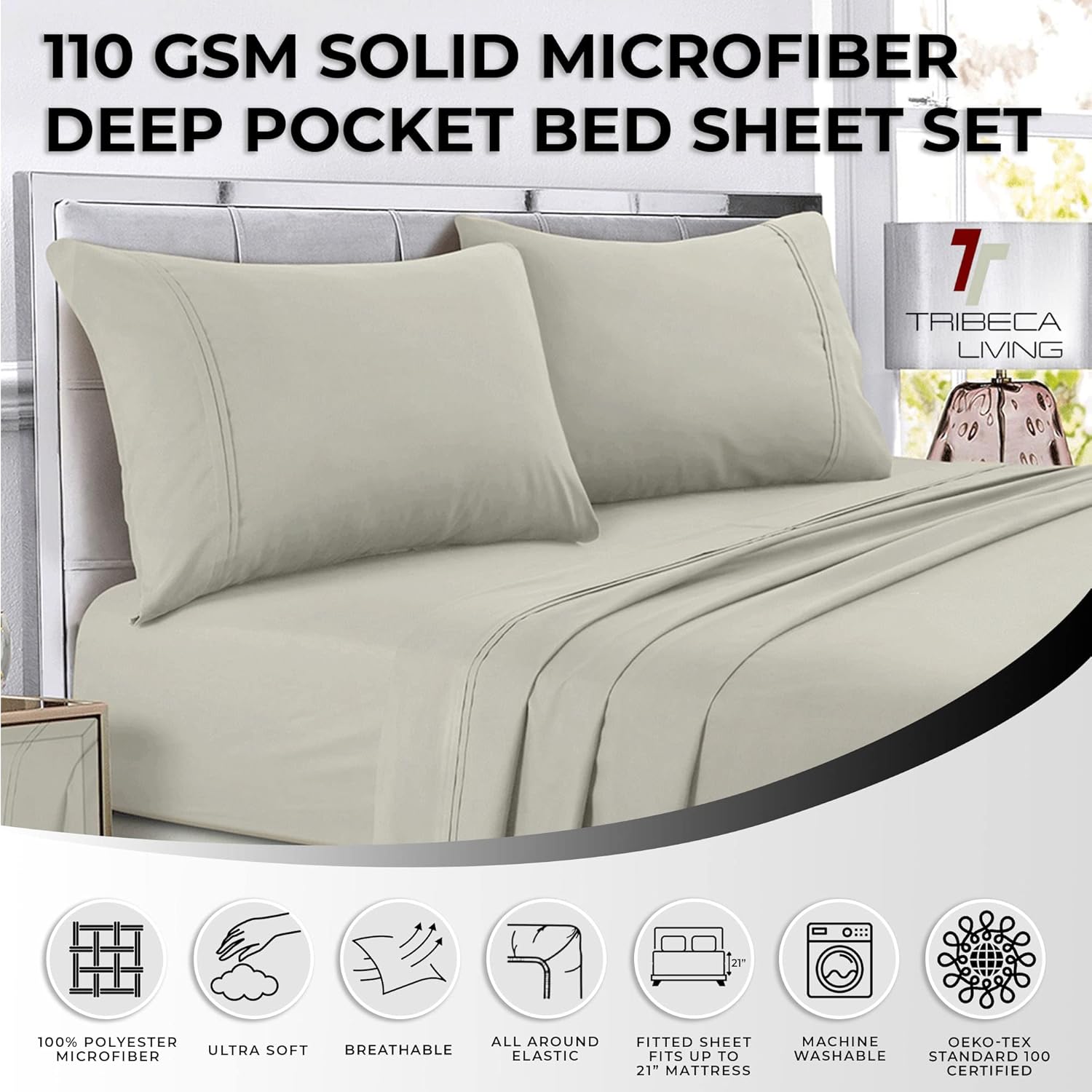Tribeca Living Juego de sábanas de microfibra de 110 GSM con bolsillo profundo Cal King Cloud