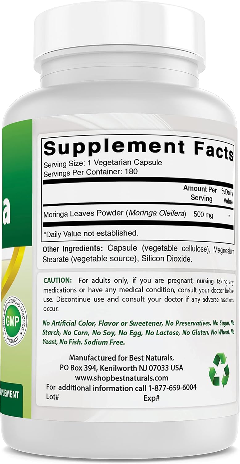 Best Naturals Moringa 500 mg 180 Cápsulas Vegetarianas