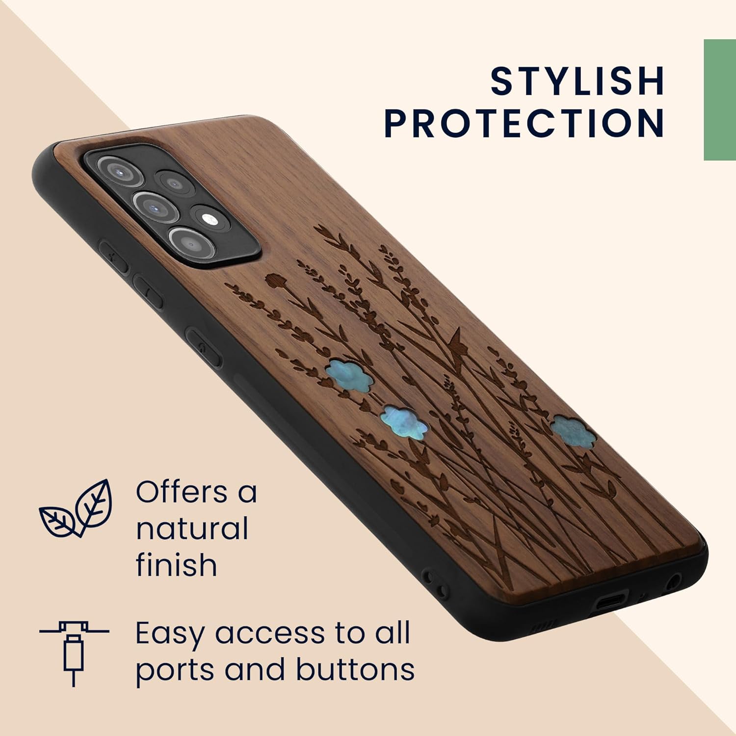 kwmobile Funda de madera compatible con Samsung Galaxy A52  A52 5G  A52s 5G – Funda – Funda – Flores silvestres perla marrón oscuro