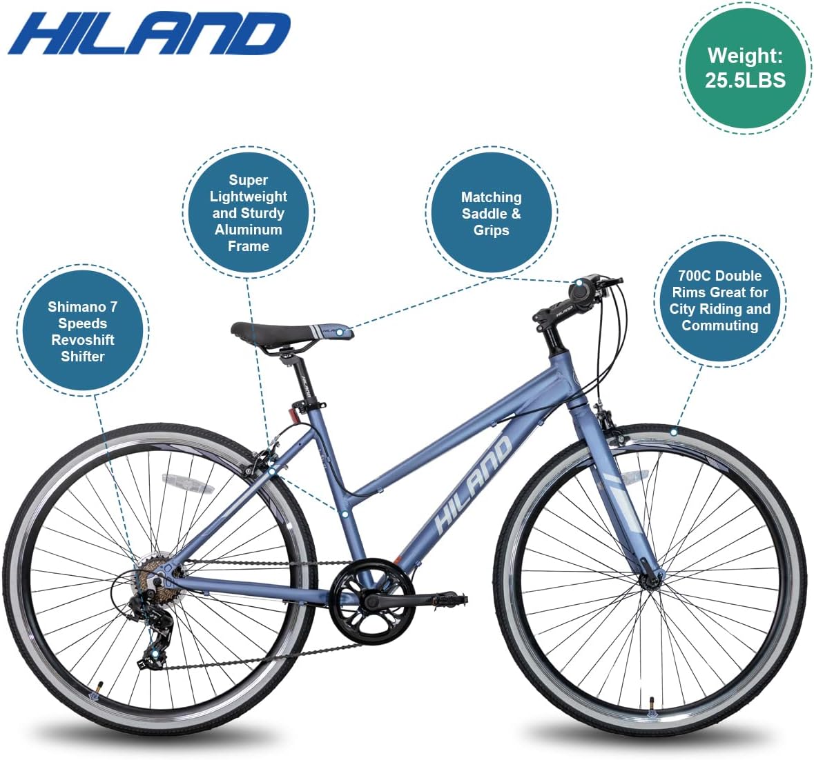 Hiland – Bicicleta híbrida para hombre y mujer, marco de paso o paso a través, ruedas 700C, bicicleta urbana Shimano Drivetrain de 7 velocidades