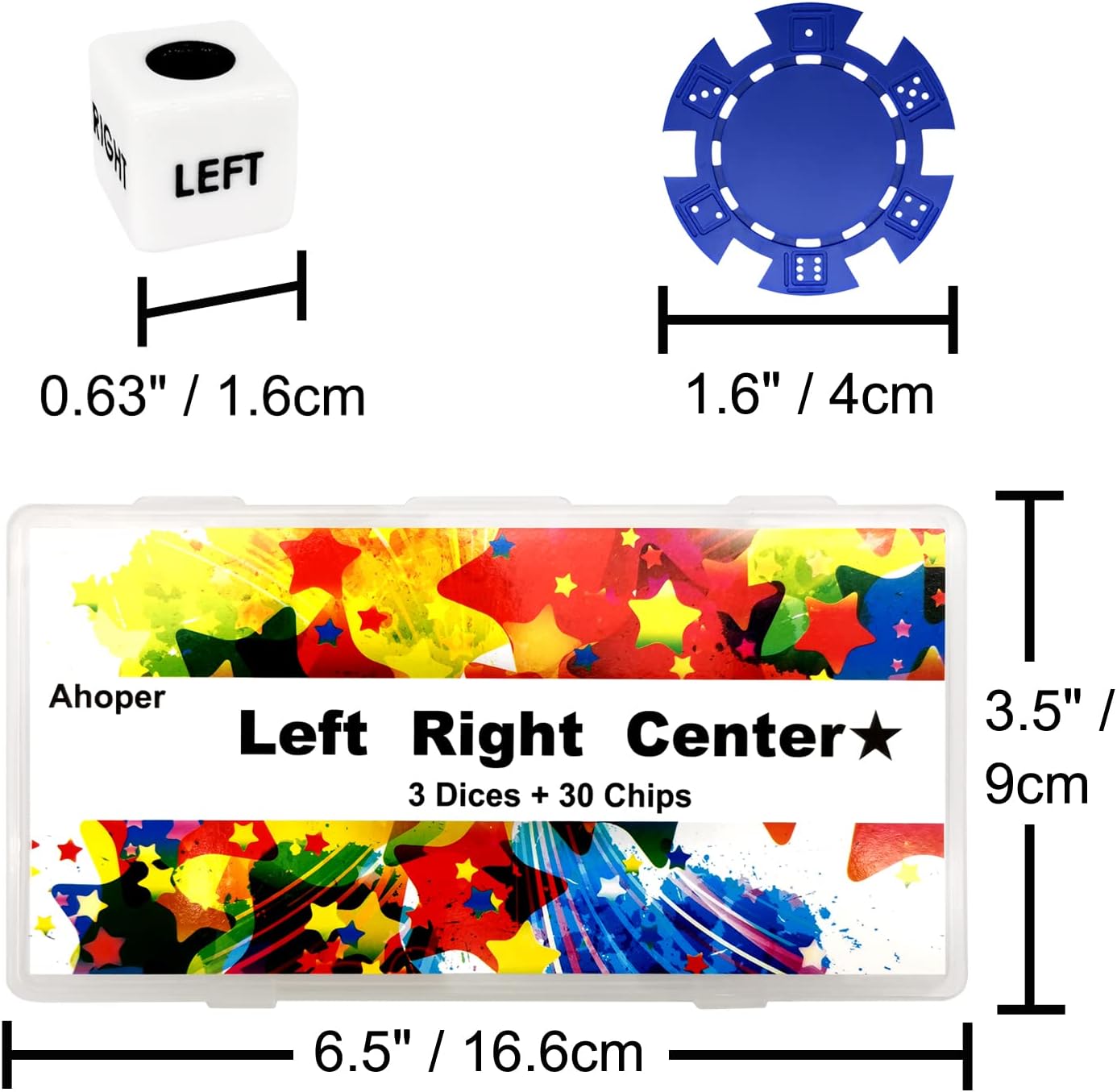 Juego de dados de centro izquierdo y derecho con 3 dados + 30 fichas de póquer profesional, fichas de casino de 0.41 oz (5 colores mezclados)