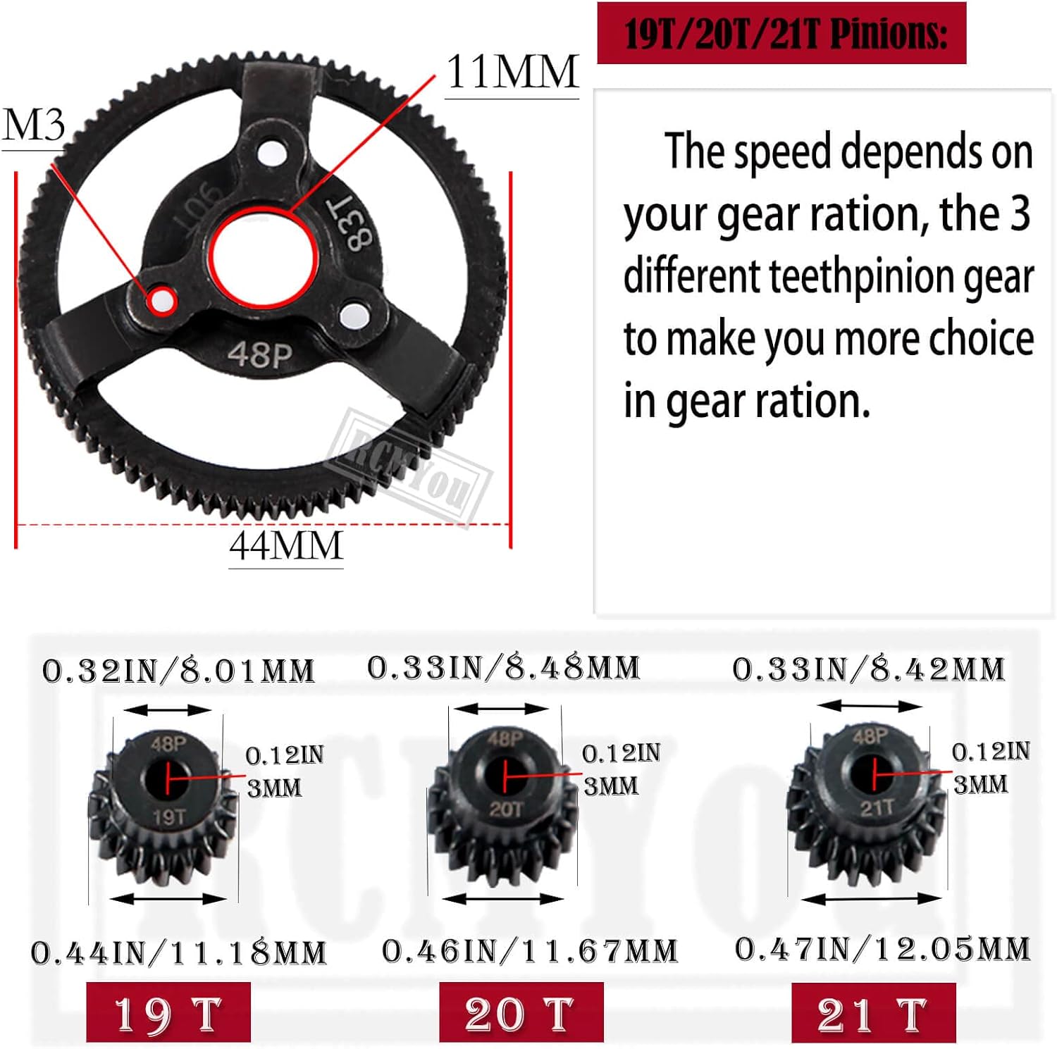 Engranajes de transmisión Spur Gear 48P 83T con19T20T21T Piñones Piezas de actualización para 110 Slash 2wdRustlerStampede, engranajes de
