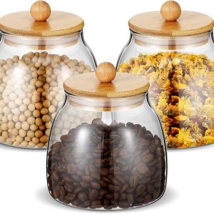 Mifoci Juego de 3 tarros redondos de vidrio con tapas de bambú de 21.98 onzas, recipientes de almacenamiento de vidrio para azúcar, dulces, café, Mifoci Juego de 3 tarros redondos de vidrio con tapas de bambú de 21.98 onzas, recipientes de almacenamiento de vidrio para azúcar, dulces, café,