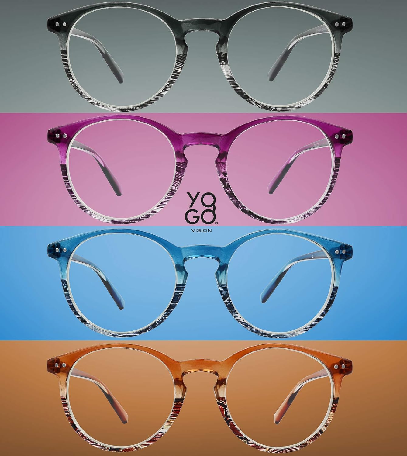 Yogo Vision Gafas de lectura para mujeres y hombres, con bloqueo de luz azul, lentes de lectura redondos, +2