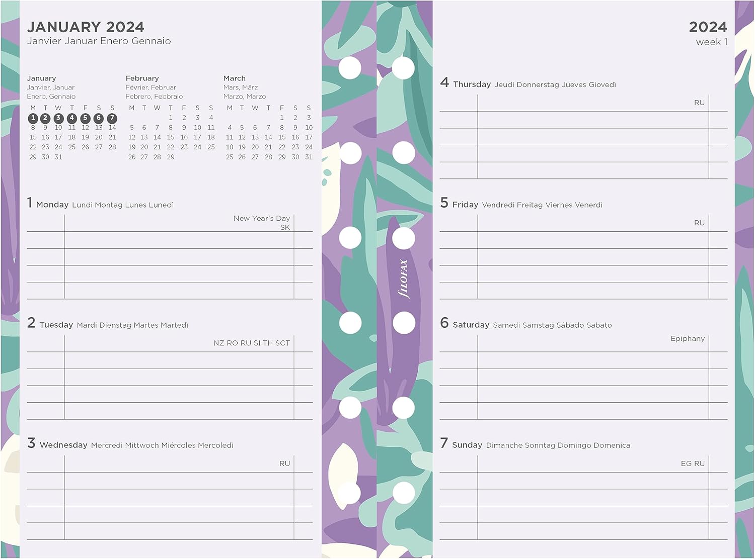 Filofax Recambio de diario de calendario, tamaño de bolsillo, semana a vista, paquete de diario floral ilustrado con diseño de impresión de cuatro