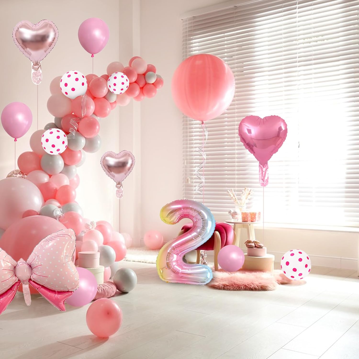 14 globos de fiesta de ratón con lazo rosa, globos metálicos de papel de aluminio rosa intenso, incluye globo de cumpleaños número 2, arco rosa,