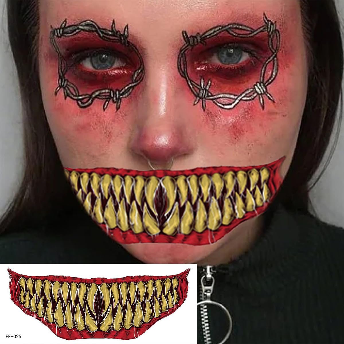 10 hojas de calcomanías temporales de Halloween para tatuajes de broma, para la cara, calcomanías temporales de boca de payaso de terror, heridas de
