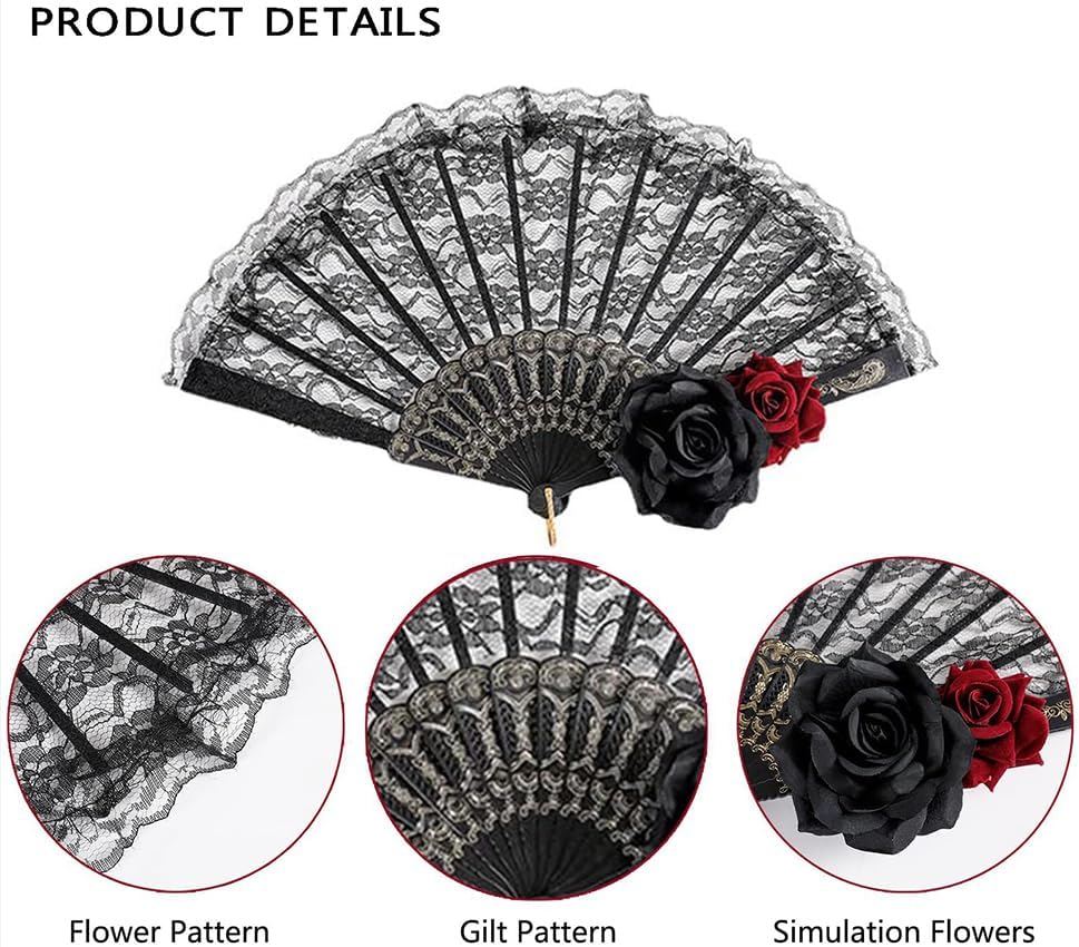 Abanico de mano negro de Halloween de encaje rosa de mano, vintage retro flor española, gran abanico plegable para mujeres, regalo de baile de