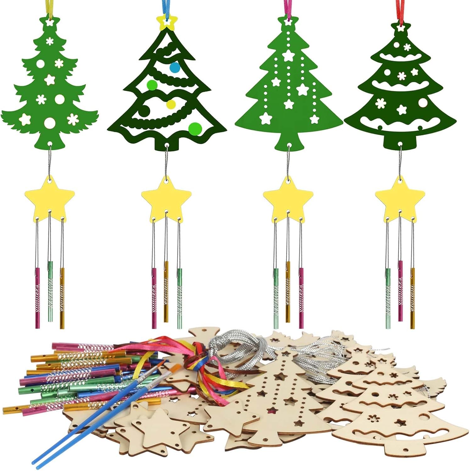 Paquete de 12 carillones de viento para niños, kits de manualidades de Navidad, carillón de viento de madera sin terminar, adornos de árbol de
