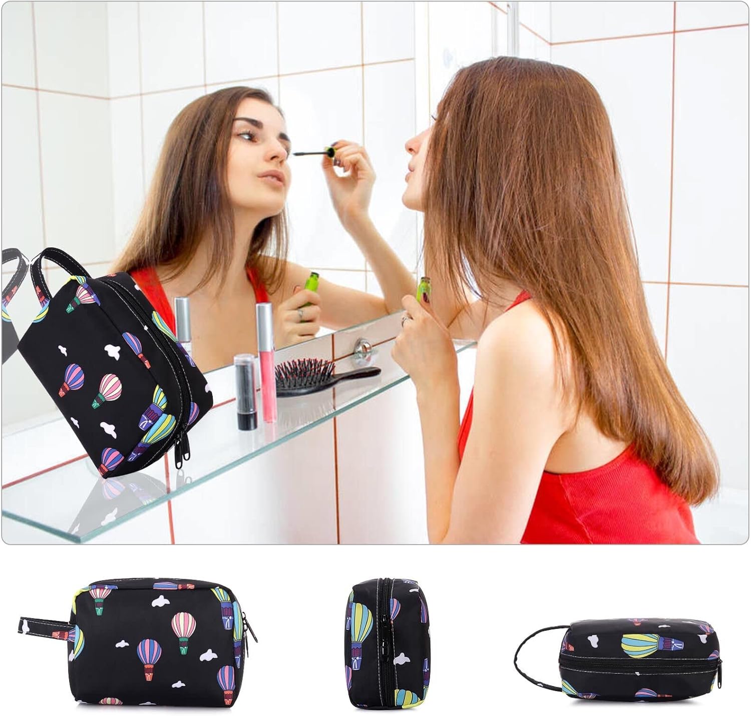 HUA ANGEL Bolsa de cosméticos de viaje, bolsa de maquillaje floral, pequeña bolsa organizadora portátil de maquillaje con cremallera para mujer,