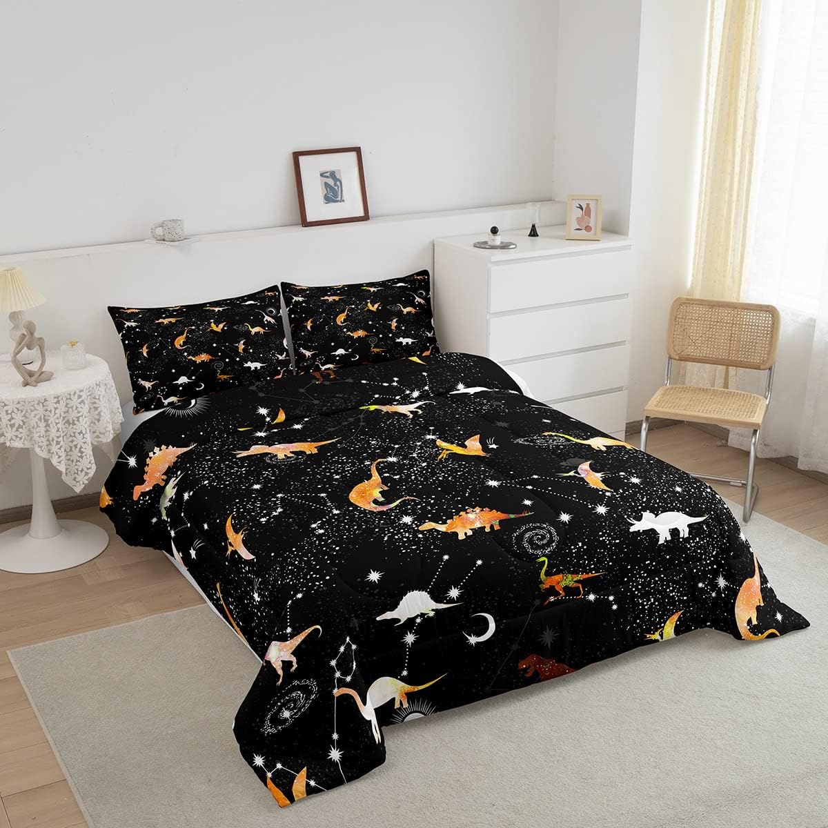 Erosebridal Juego de edredón de dinosaurio teñido anudado, tamaño individual, para niños y niñas, juego de ropa de cama de dinosaurio amarillo para