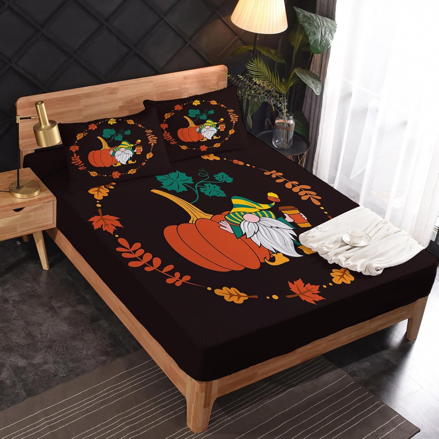 Juego de sábanas tamaño Queen de gnomo de otoño, sábanas de calabaza de Acción de Gracias, microfibra suave, bolsillo profundo, sábanas y fundas de