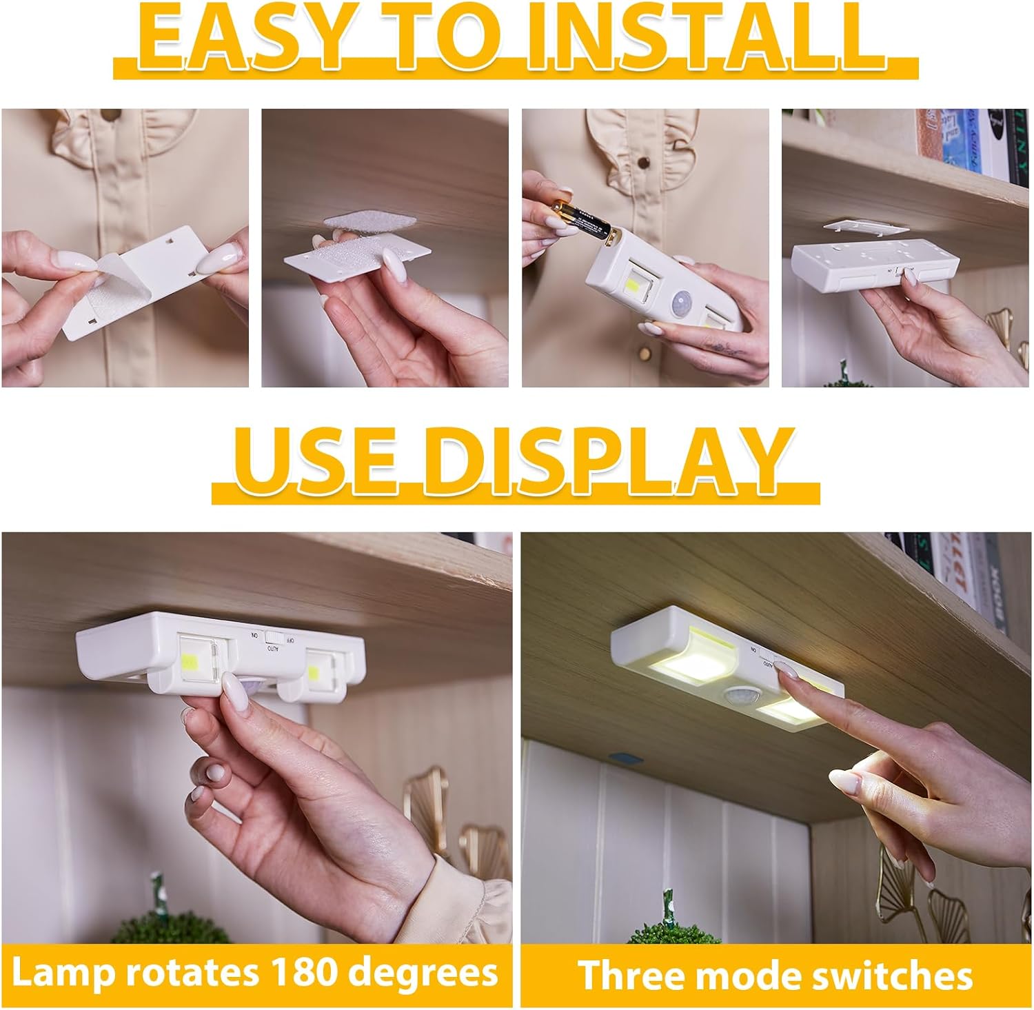 Paquete de 2 luces LED con sensor para armario, luces debajo del gabinete, iluminación de contador de ángulo ajustable, funciona con pilas, se pega