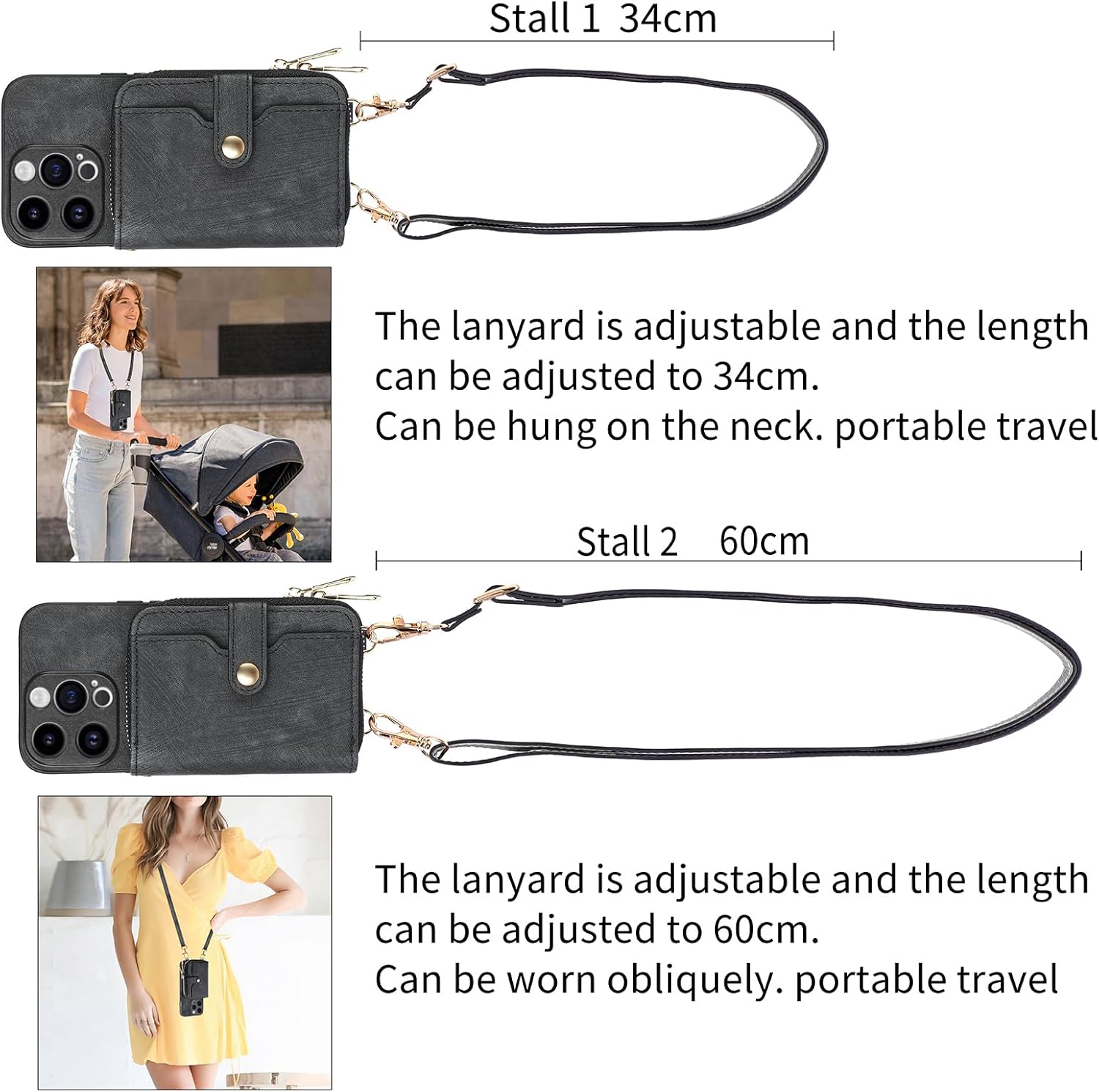 Asuwish Funda de teléfono para iPhone 14 Pro Max de 6.7 pulgadas con cremallera, con ranura para tarjeta de crédito, correa cruzada para el hombro,