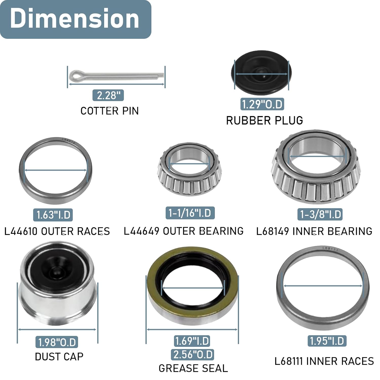 4 Sets 3500 LB Boat Trailer Axle Bearing Kits – Endxedo L68149 L44649 Bearing Kits with 171255TB Grease Seals, 1.98” Trailer Dust Caps, Cotter