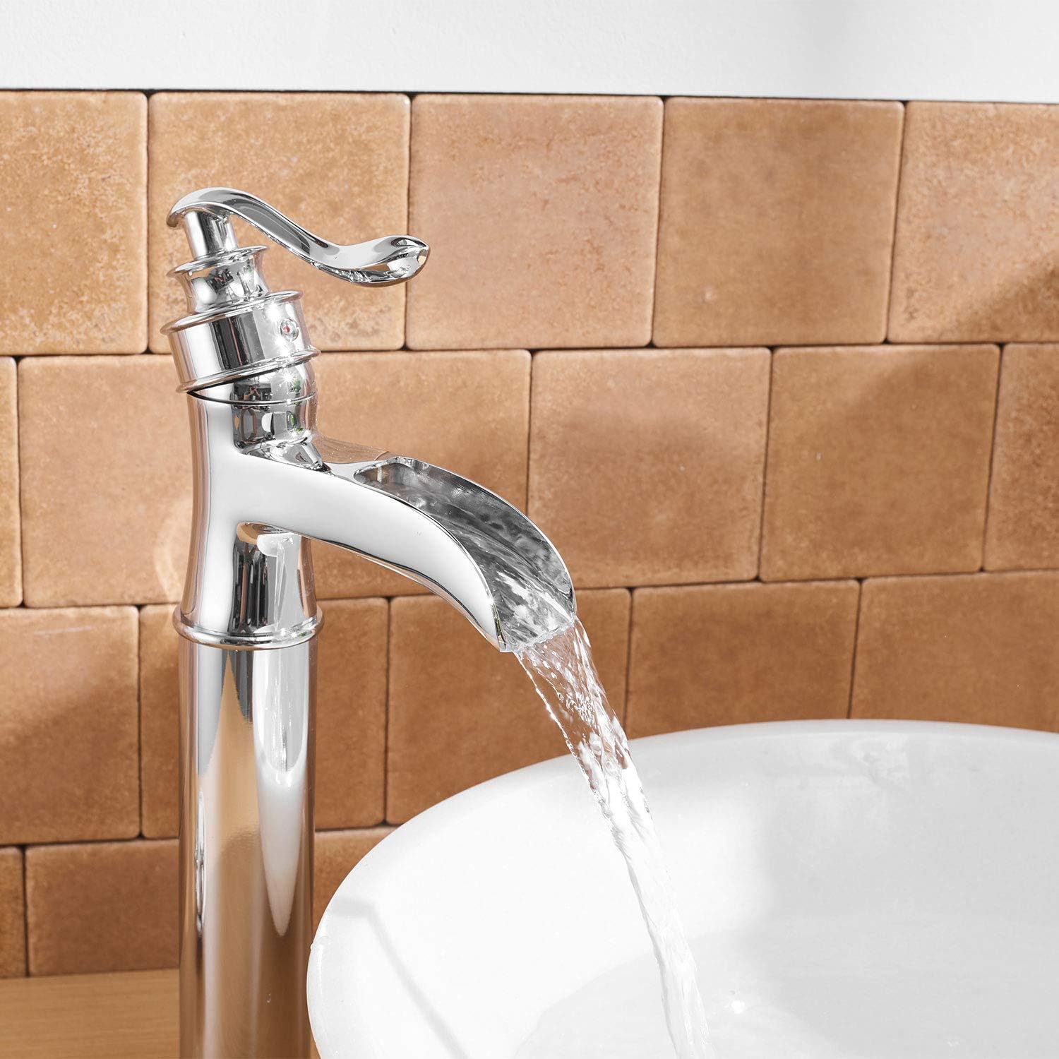BWE Grifo para fregadero de buque, cromado pulido, boquilla de cascada, cuerpo alto, orificio único con conjunto de drenaje desplegable de latón,