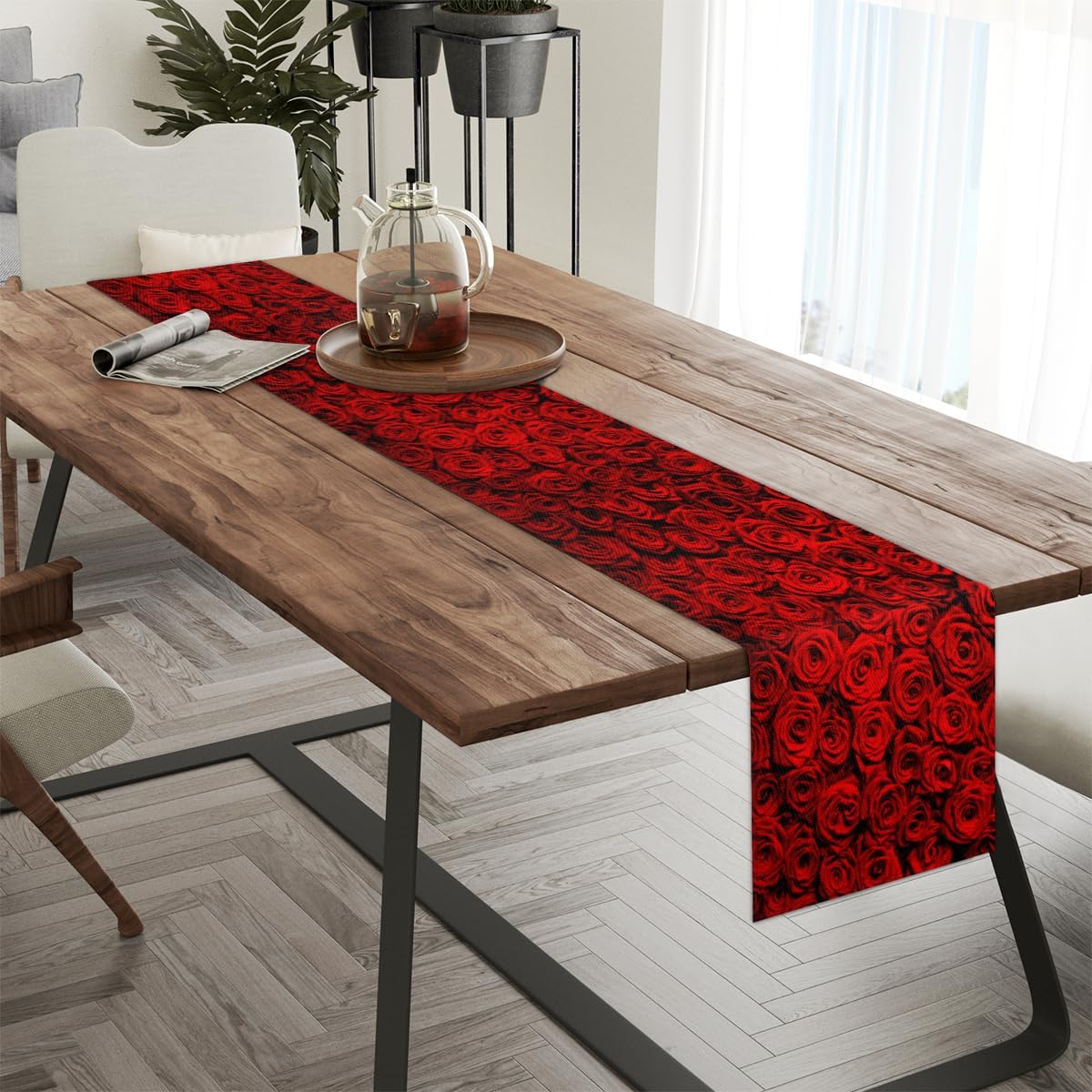Camino de mesa con rosas de San Valentín, mantel de lino rústico para cocina de granja, cena, eventos, fiesta, decoración de mesa de vacaciones, 13