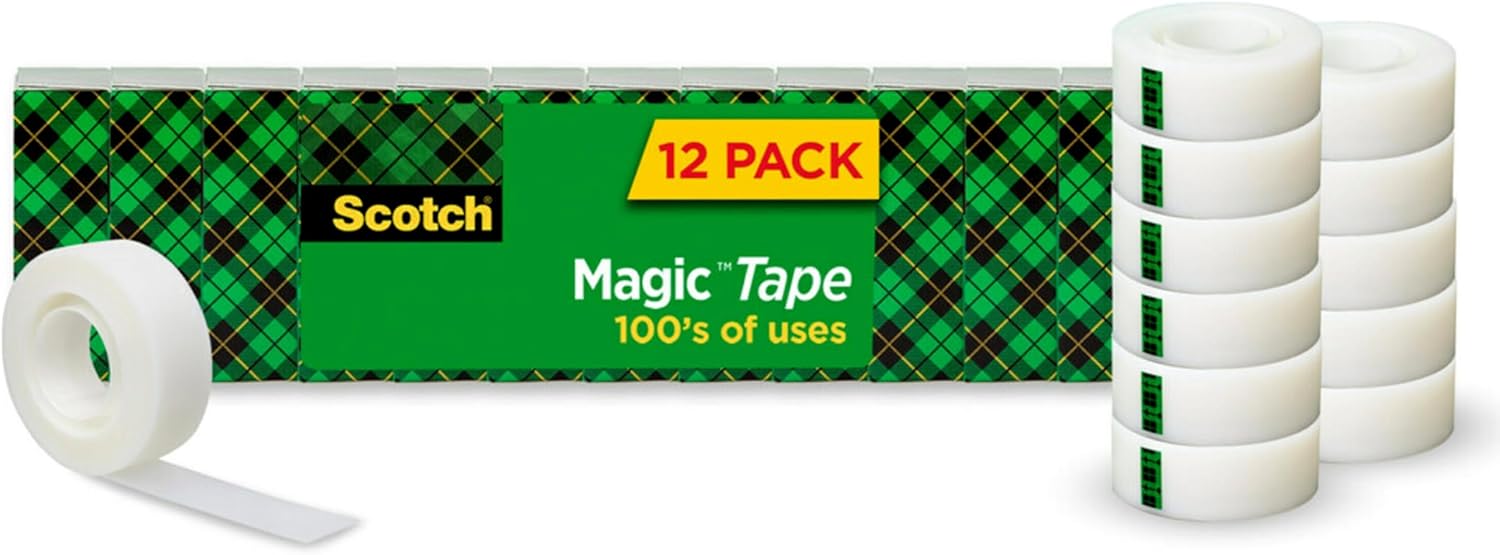 Scotch Cinta mágica, invisible, reparación de tarjetas de Navidad y uso como papel de regalo navideño para Navidad, 12 rollos de cinta