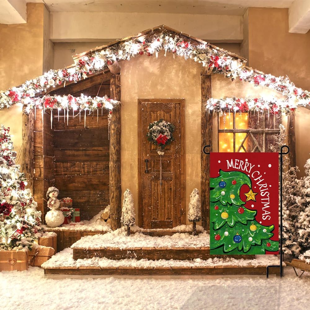 Bandera de jardín de Navidad de 12 x 18 pulgadas, bandera de doble cara para árbol de Navidad para patio, decoración de temporada de invierno al