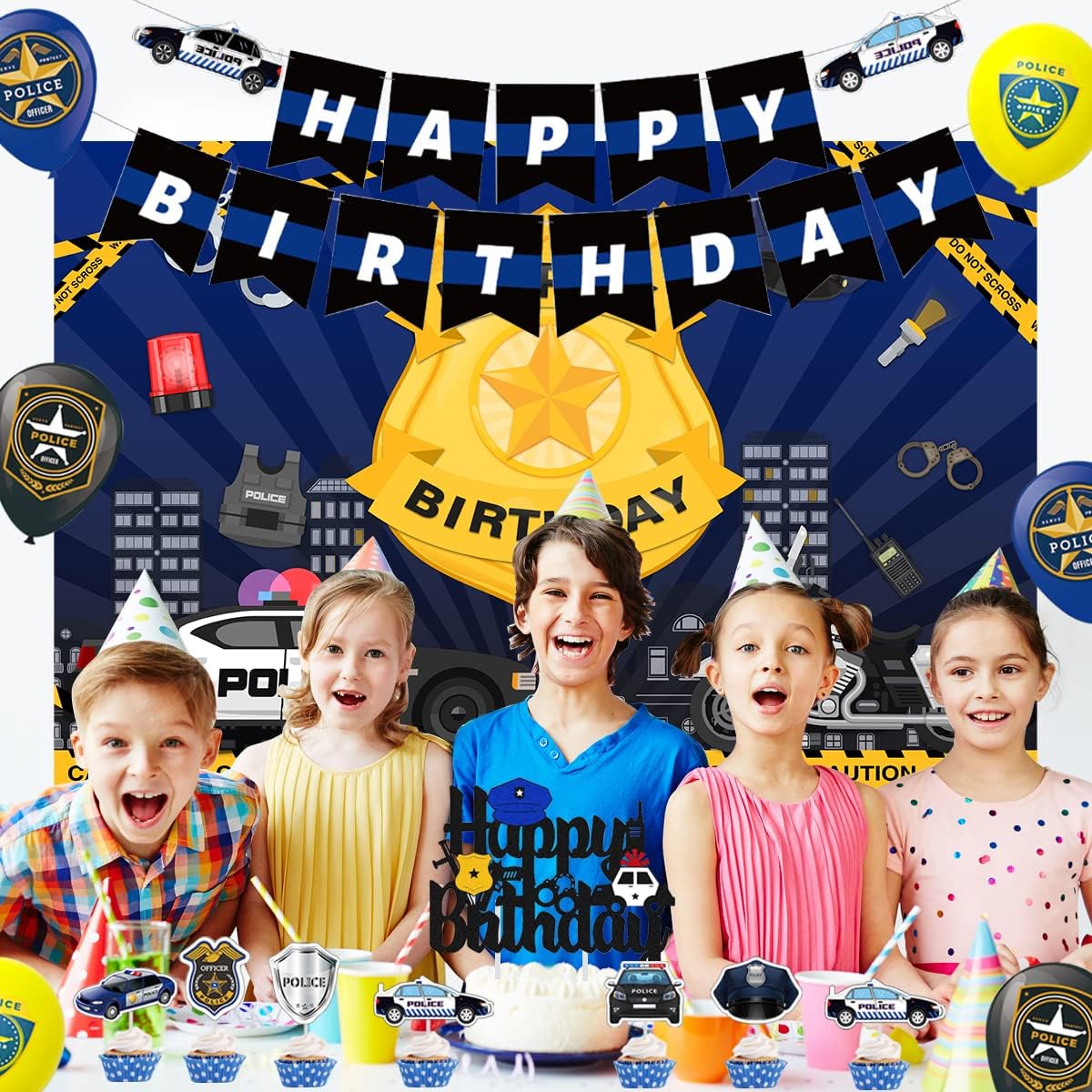 Decoraciones de cumpleaños de policía, decoraciones de fiesta de cumpleaños de policía para niños, globos temáticos de policía, pancarta de feliz