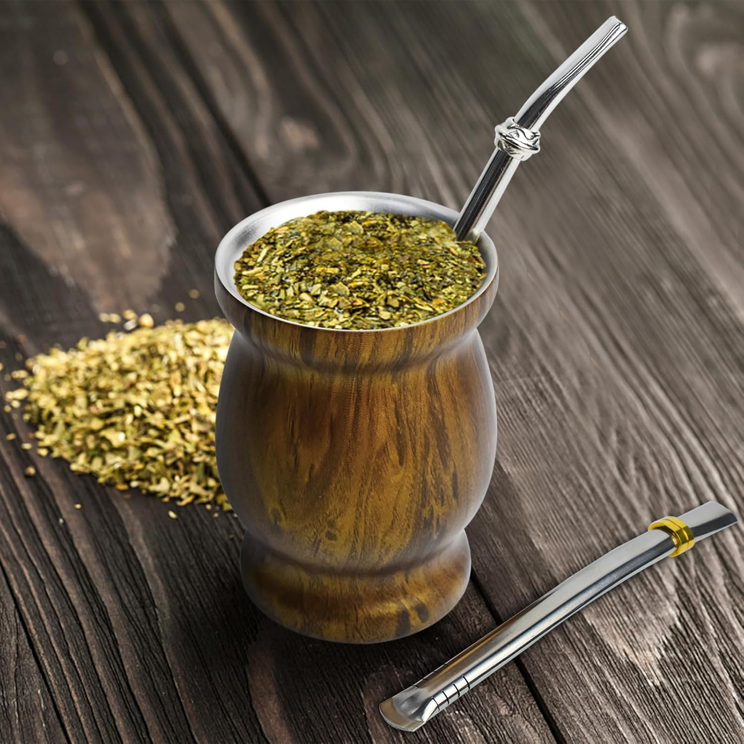 Artcome Juego de 4 tazas de yerba mate de acero inoxidable  1 taza mate de acero inoxidable de doble pared de 8.5 onzas (madera), 2 bombillas (paja
