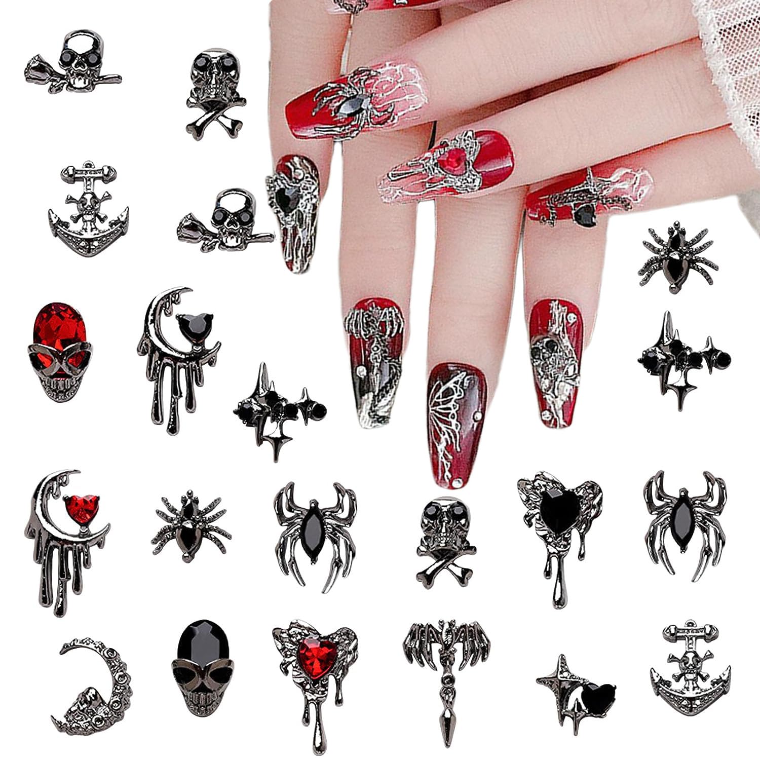22 dijes de uñas de Halloween de aleación 3D, dijes de arte de uñas 3D, diamantes de imitación negros y rojos, suministros de uñas, esqueleto,