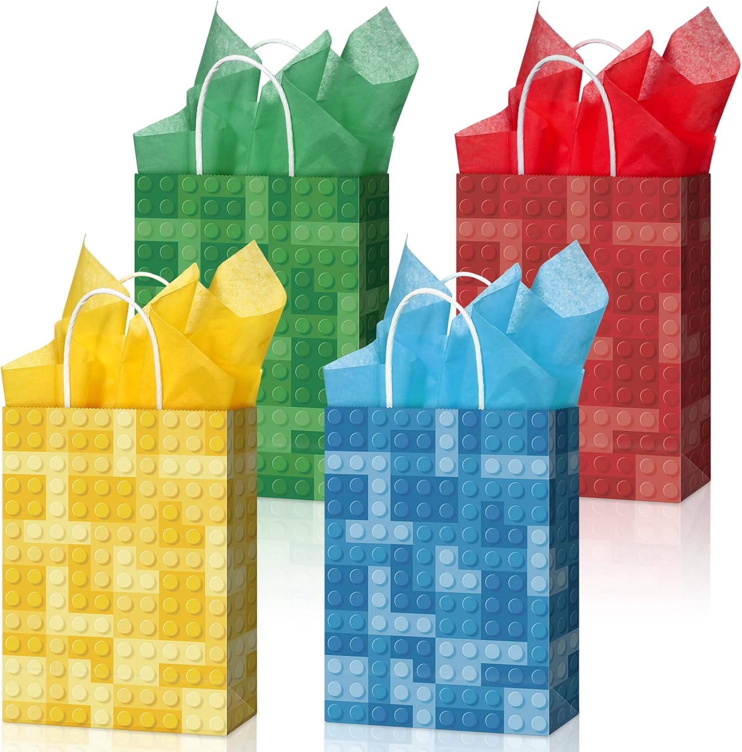Pasimy 24 bolsas de recuerdos de fiesta de bloques de construcción con 24 piezas de ladrillos de papel de seda, bolsa de papel con tema de bloque a
