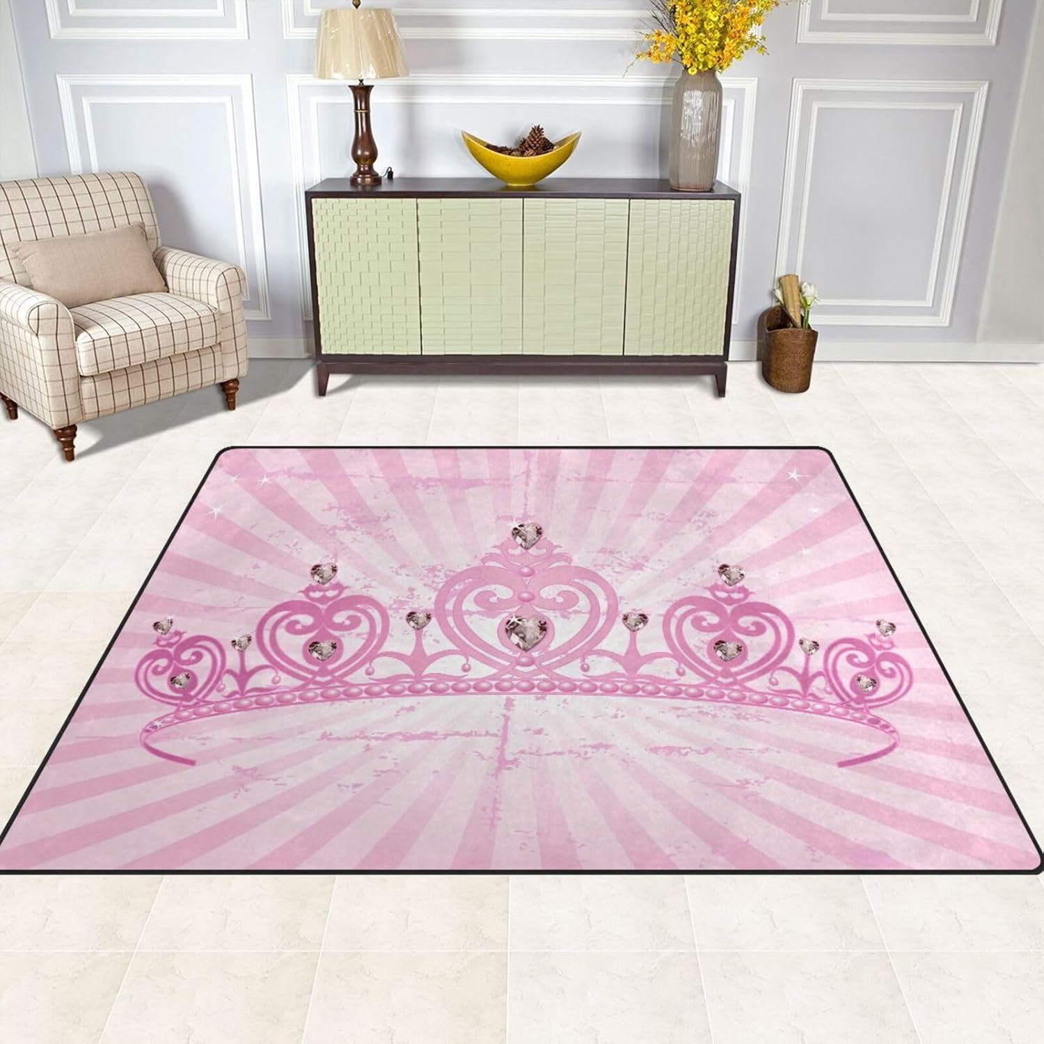 ALAZA Alfombra de área rosa con corona de princesa para sala de estar, dormitorio, alfombra antideslizante para decoración del hogar, 5.3 x 4 pies