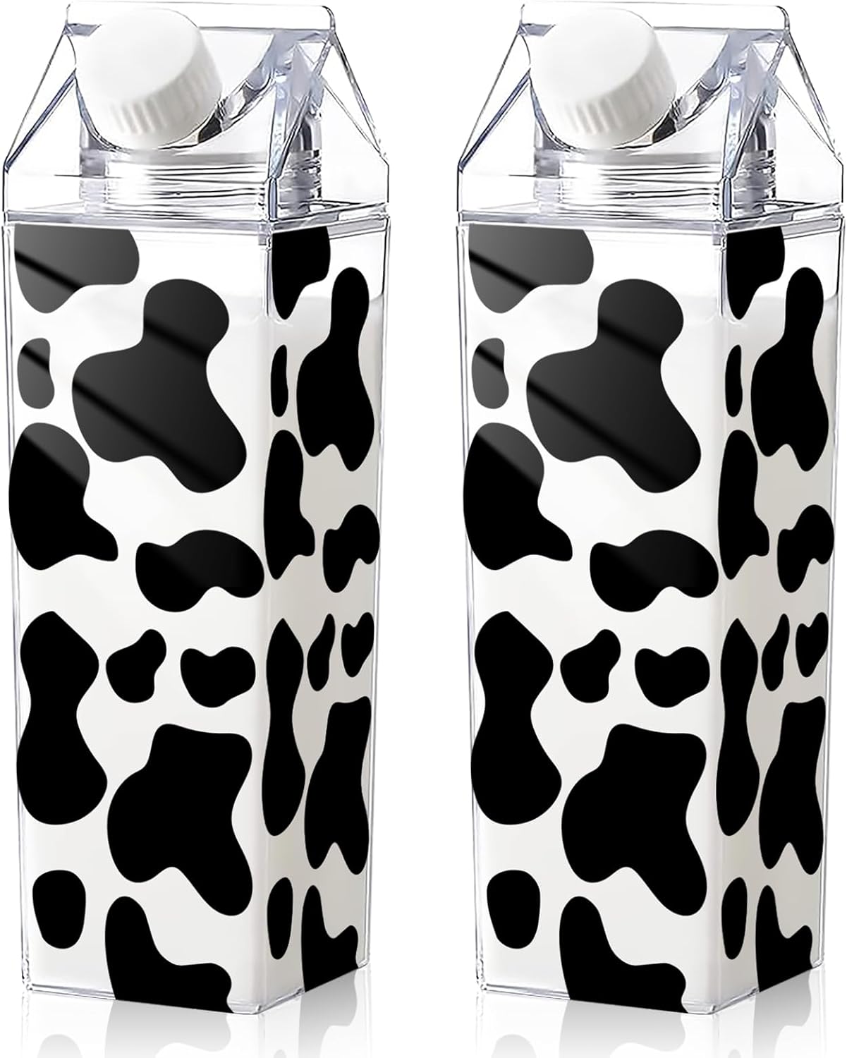 Whaline Paquete de 2 botellas de agua de cartón de leche con estampado de vaca, botellas de leche de plástico transparente de 17 onzas, botella de