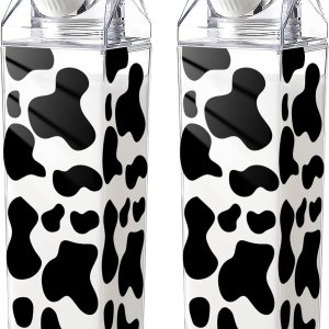 Whaline Paquete de 2 botellas de agua de cartón de leche con estampado de vaca, botellas de leche de plástico transparente de 17 onzas, botella de Whaline Paquete de 2 botellas de agua de cartón de leche con estampado de vaca, botellas de leche de plástico transparente de 17 onzas, botella de