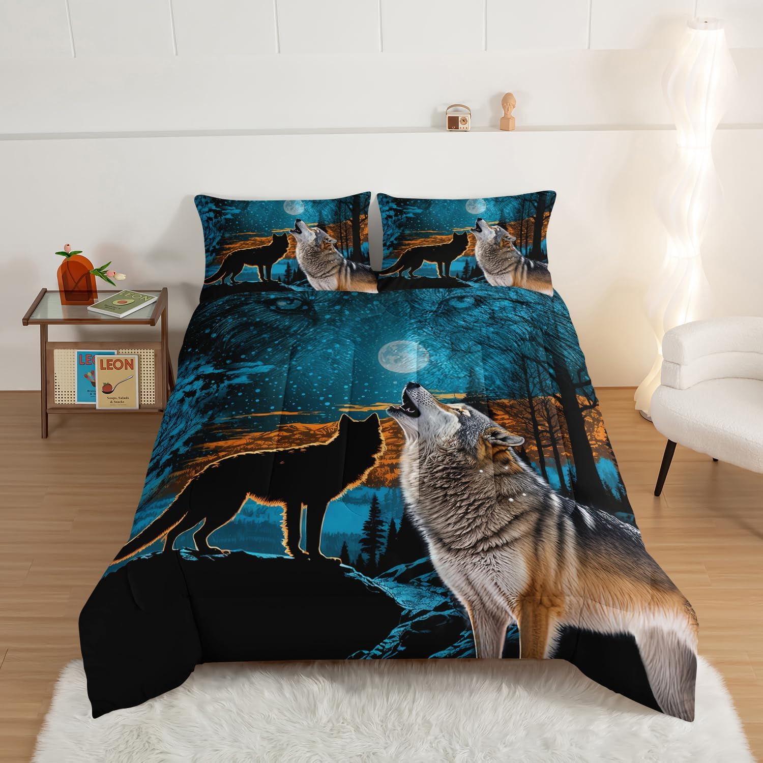 HOSIMA Edredón de lobo salvaje, ropa de cama con estampado de animales del bosque con 2 fundas de almohada, juego de ropa de cama de lobo, árbol y