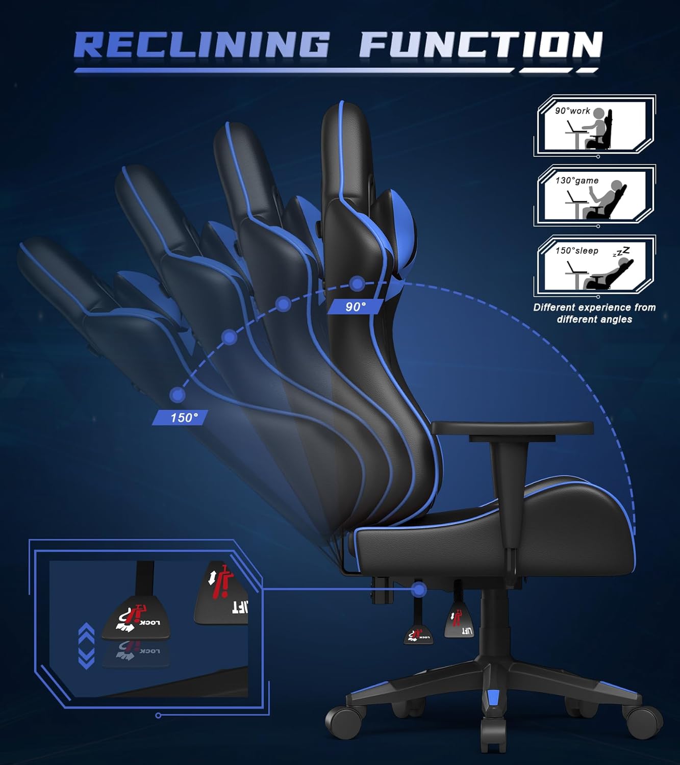 Bigzzia Silla de oficina ergonómica para videojuegos, silla de escritorio giratoria de altura ajustable, silla de computadora reclinable con soporte