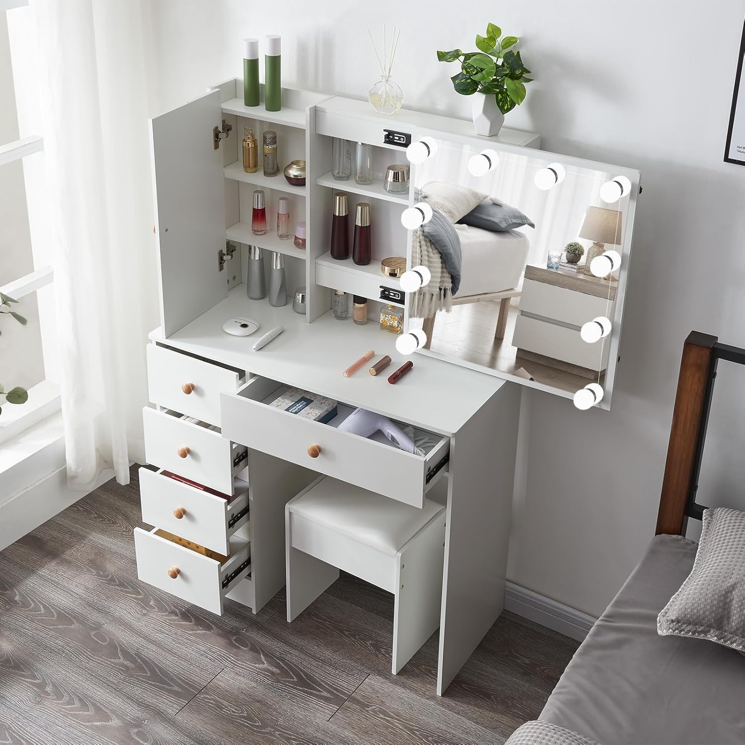 Tocador de maquillaje con luces, mesa de tocador moderna con espejo iluminado y 10 bombillas LED, escritorio de tocador con 5 cajones y gabinete,