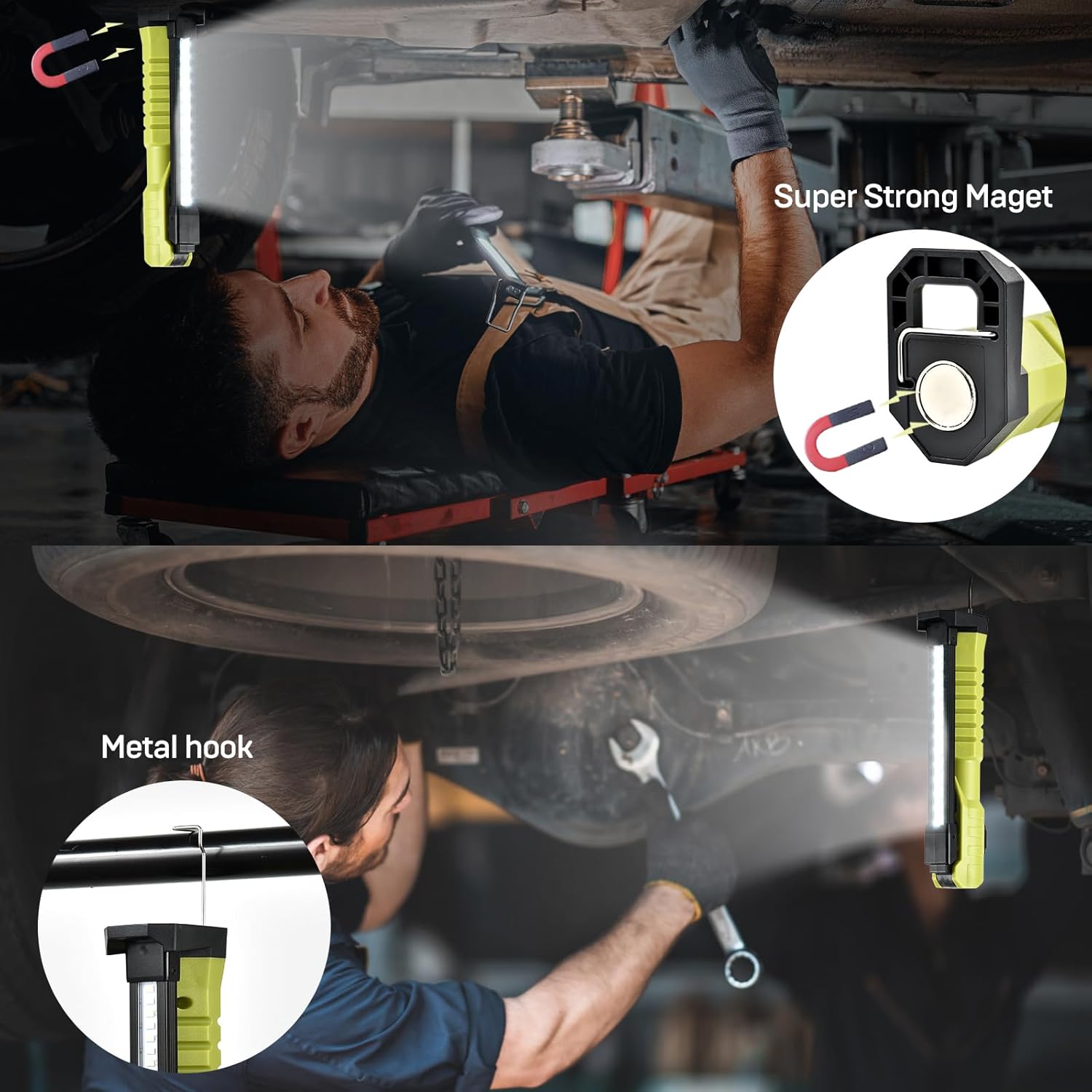 aceyoon Luz de trabajo LED magnética, 1500 lm, 7 modos de iluminación, luz de trabajo recargable, rotación de 180 plegable y gancho con linterna USB