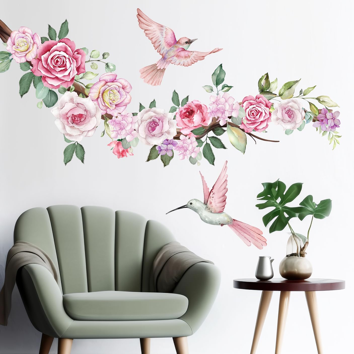 DRWSSR 2 hojas de calcomanías de pared de flores de peonía de acuarela, calcomanías de pared florales de colibríes rosados, calcomanías de pared de