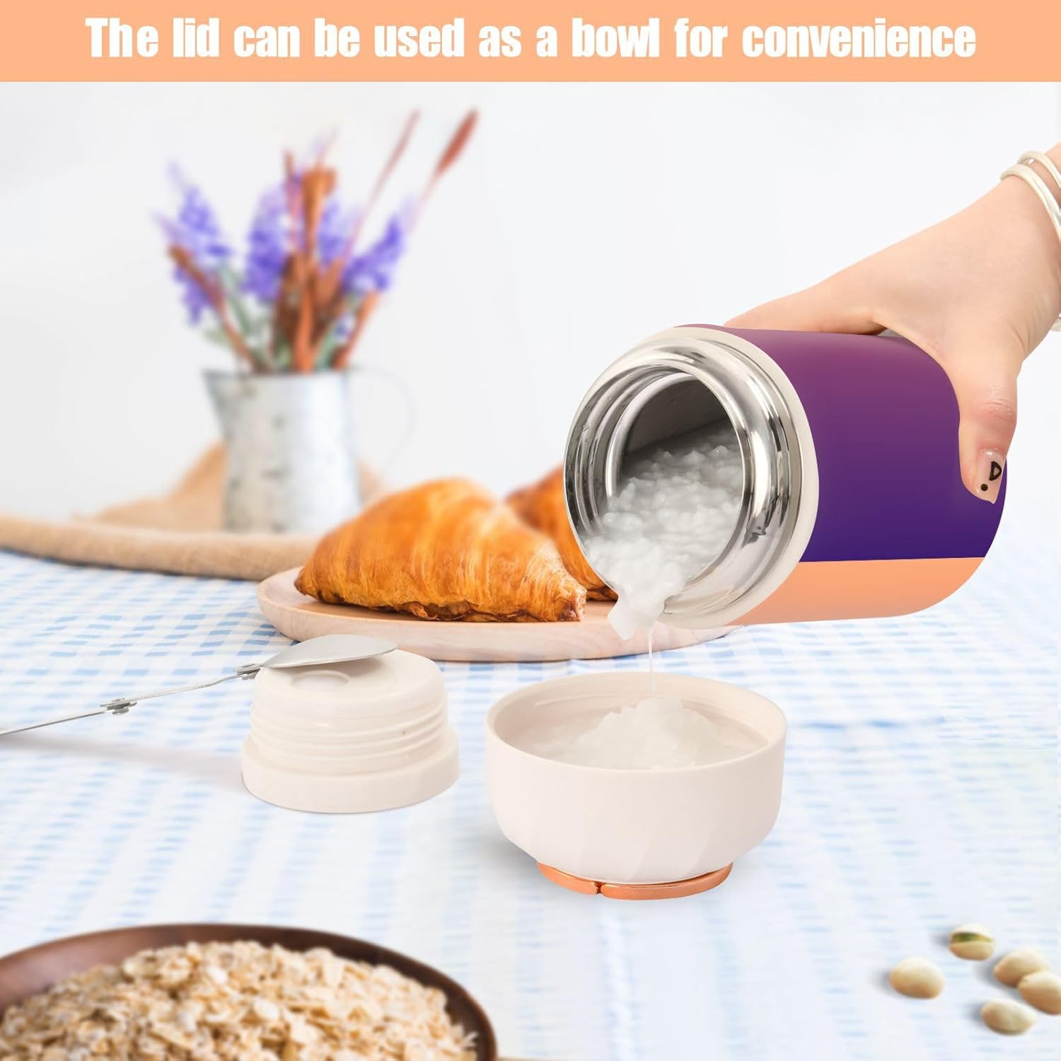 Tarro de comida degradado morado naranja con cuchara de acero inoxidable aislado al vacío contenedor de alimentos de 17 oz para alimentos calientes