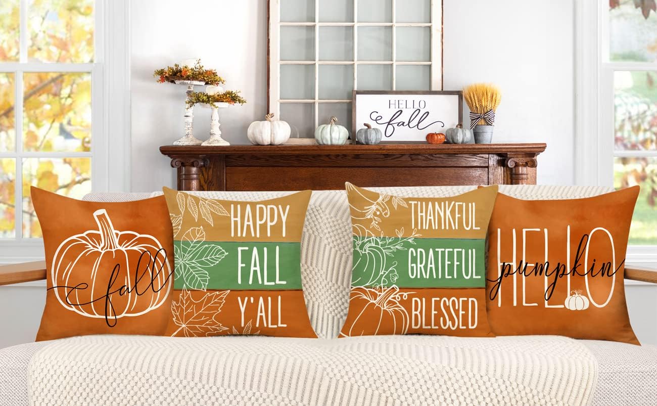 4TH Emotion Juego de 4 fundas de almohada de otoño de 20 x 20 pulgadas, decoración de granja de calabaza con diseño de hojas naranjas para