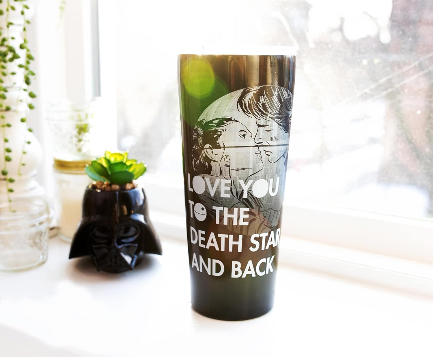 Silver Buffalo Vaso de acero inoxidable de doble pared con pajilla, diseño de Star Wars Love You to the Death Star and Back, 22 onzas