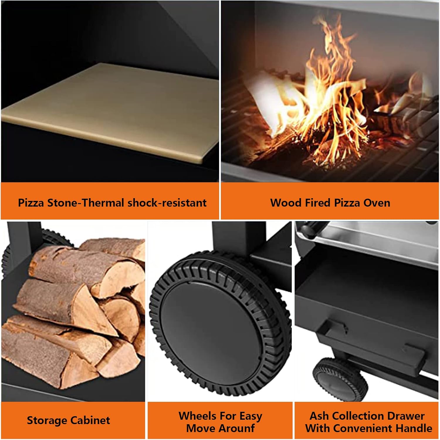 Horno de pizza al aire libre, horno de pizza de leña para exterior, horno de acero independiente con 2 ruedas, ideal para barbacoa, camping, fiesta