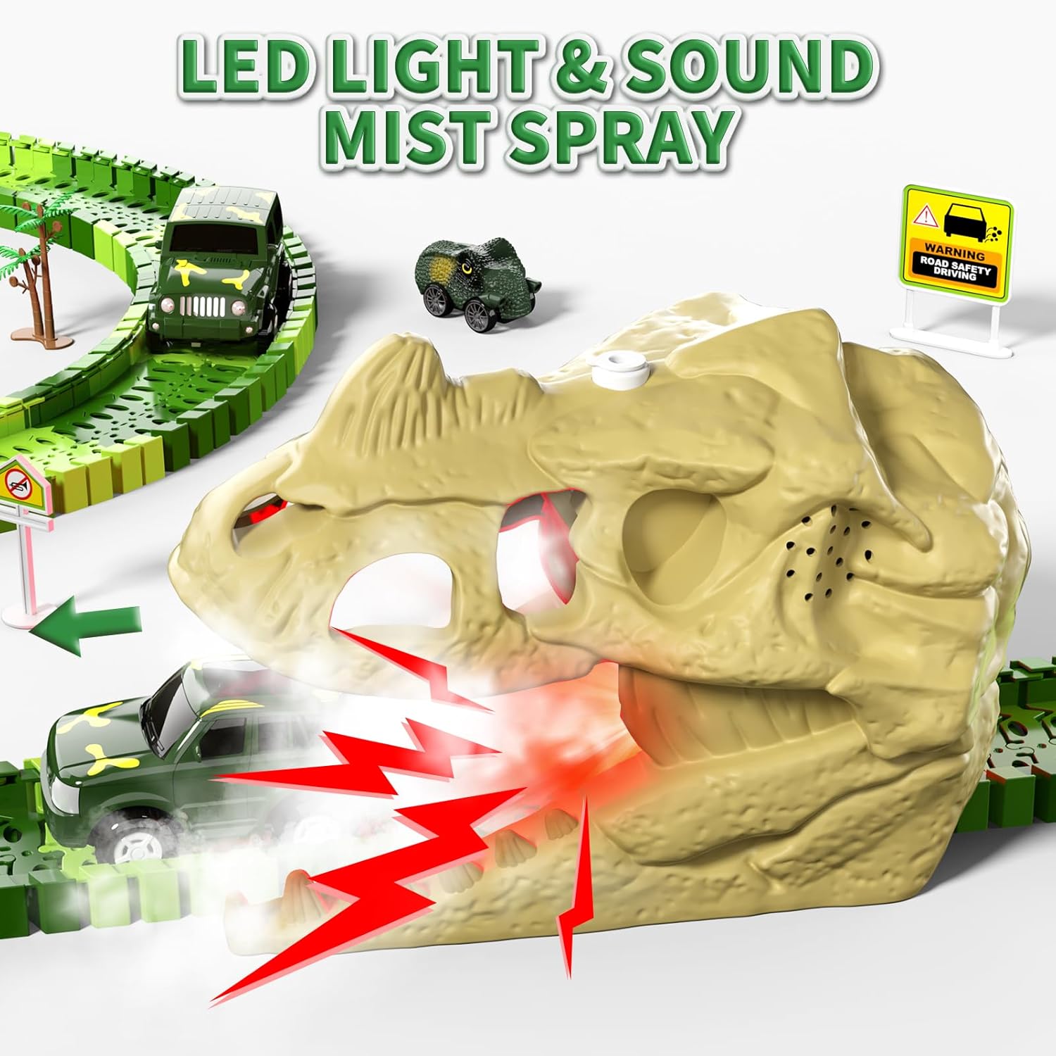 249 piezas de juguetes de carreras de dinosaurios con luz, sonido y aerosol, juguetes de dinosaurio para niños de 2 a 4 años, 3 a 5 años, regalos de