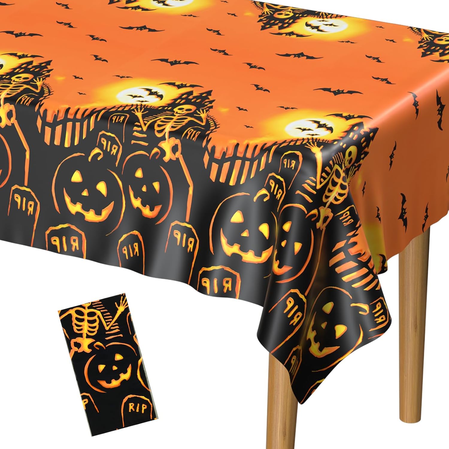 PLULON Mantel de Halloween de 54 x 108 pulgadas, diseño de calabaza, murciélago, esqueleto, calavera, mantel de plástico para decoración de mesa de